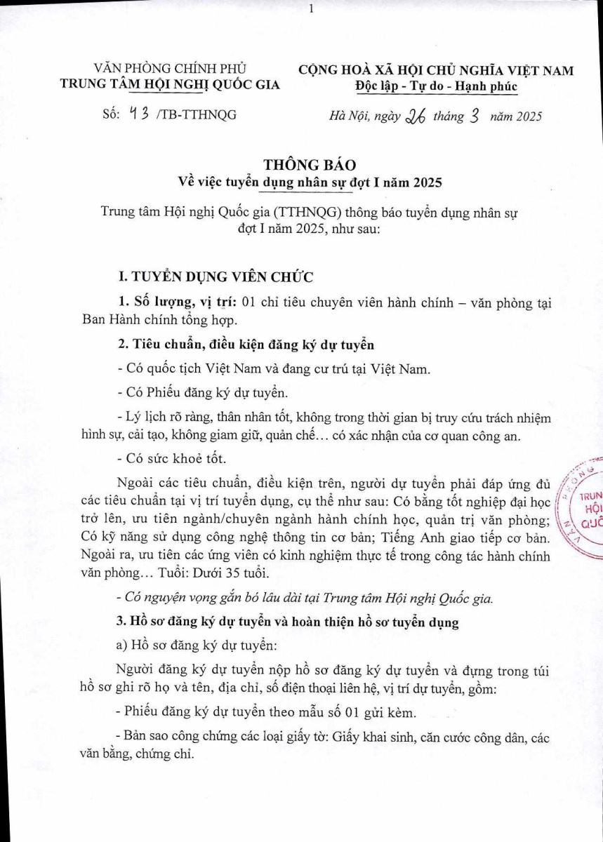 Thông báo Về việc tuyển dụng nhân sự đợt I năm 2025